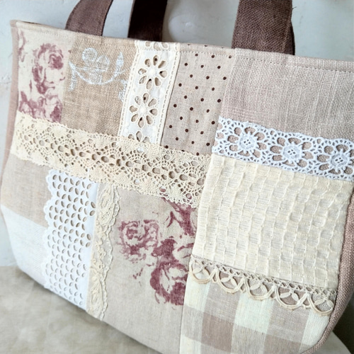 パッチワーク*アンティークレース*リネン*バッグ トートバッグ linge 