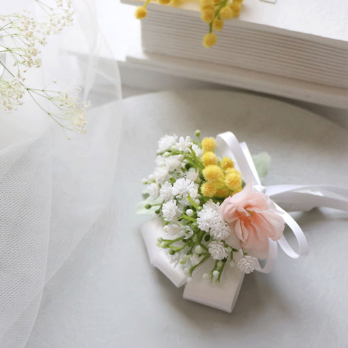 桜＆ミモザ・みかすみ草ブーケ コサージュ ✿*:入学式、卒業式、入園式