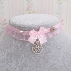 pastel goth 蕾絲  粉紅色 蝴蝶結 pentagram 項鍊 Choker Necklace Collar 第1張的照片