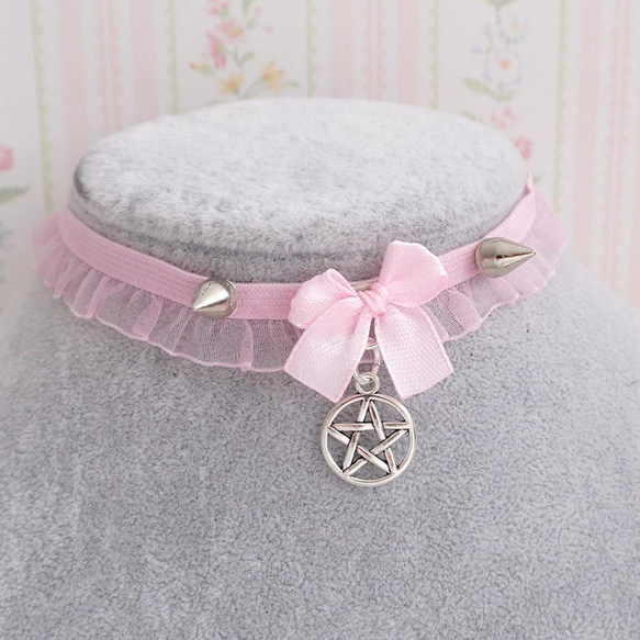 pastel goth 蕾絲  粉紅色 蝴蝶結 pentagram 項鍊 Choker Necklace Collar 第2張的照片