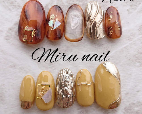 べっこう&マスタードイエローニュアンスネイル ネイルチップ（つけ爪