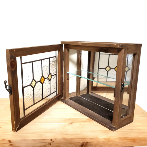 ステンドグラス アンティーク調ガラス窓つき・ミラーつき 木製ミニ