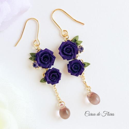 深紫のばらのゆれるピアス/イヤリング つまみ細工 正絹羽二重 シルク
