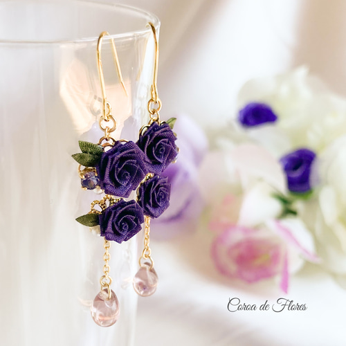 深紫のばらのゆれるピアス/イヤリング つまみ細工 正絹羽二重 シルク