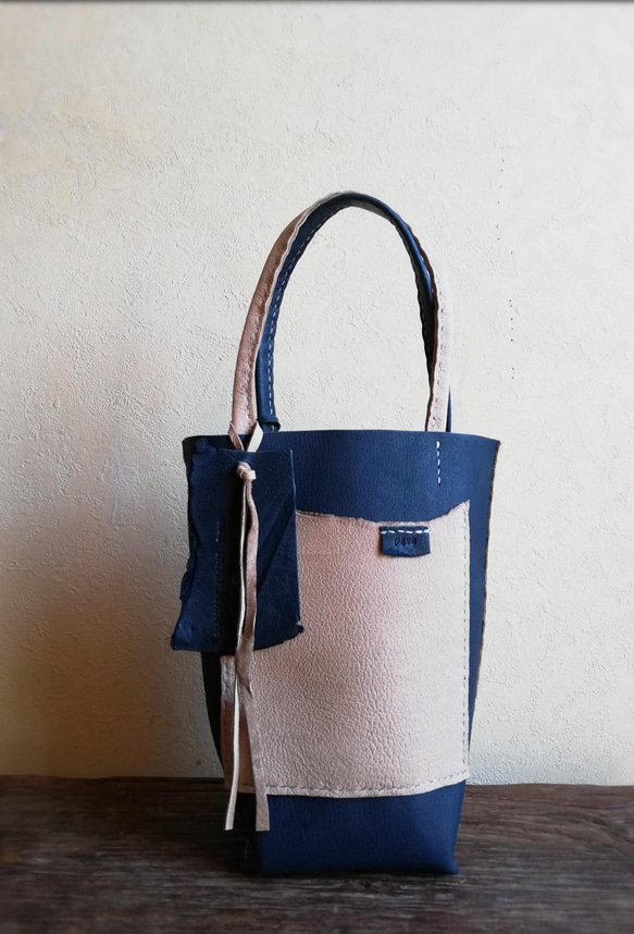 mini tote　ネイビー✗ライトグレー　ピッグスキンレザー 6枚目の画像