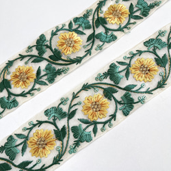 【50cm】インド刺繍リボン アイボリーxイエローxグリーン　オーガンジー　SO344 1枚目の画像