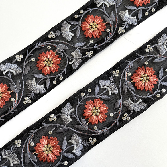 【SALE♡50cm】インド刺繍リボン ブラックxレッドxグレー　オーガンジー　SO345 6枚目の画像