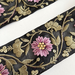 【50cm】インド刺繍リボン ブラックxパープルxカーキ　オーガンジー　SO348 2枚目の画像