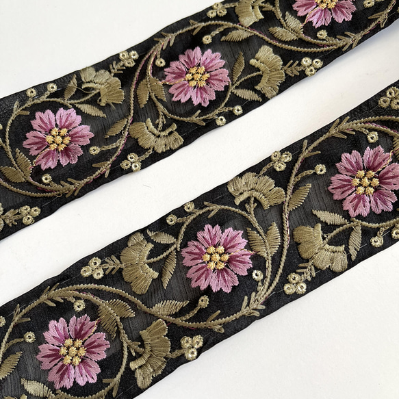 【50cm】インド刺繍リボン ブラックxパープルxカーキ　オーガンジー　SO348 1枚目の画像
