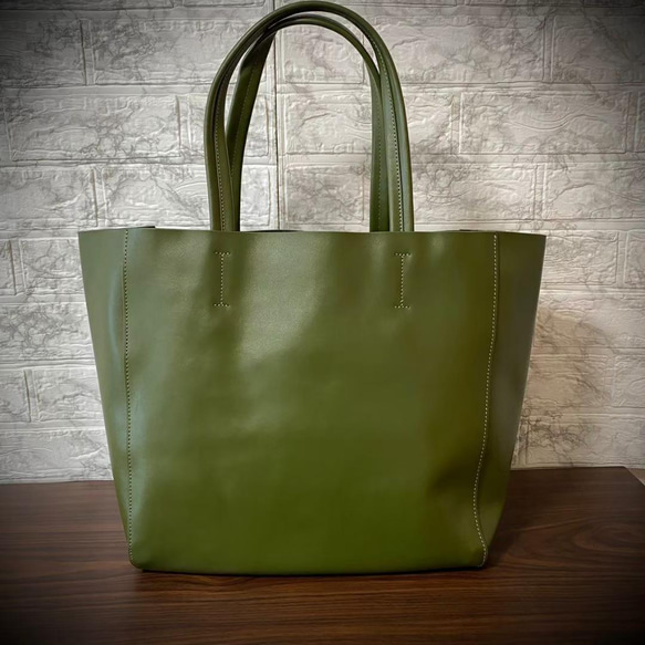 義大利皮革手提包，男女通用，大號，時尚，真皮，含袋中袋，綠色 第1張的照片
