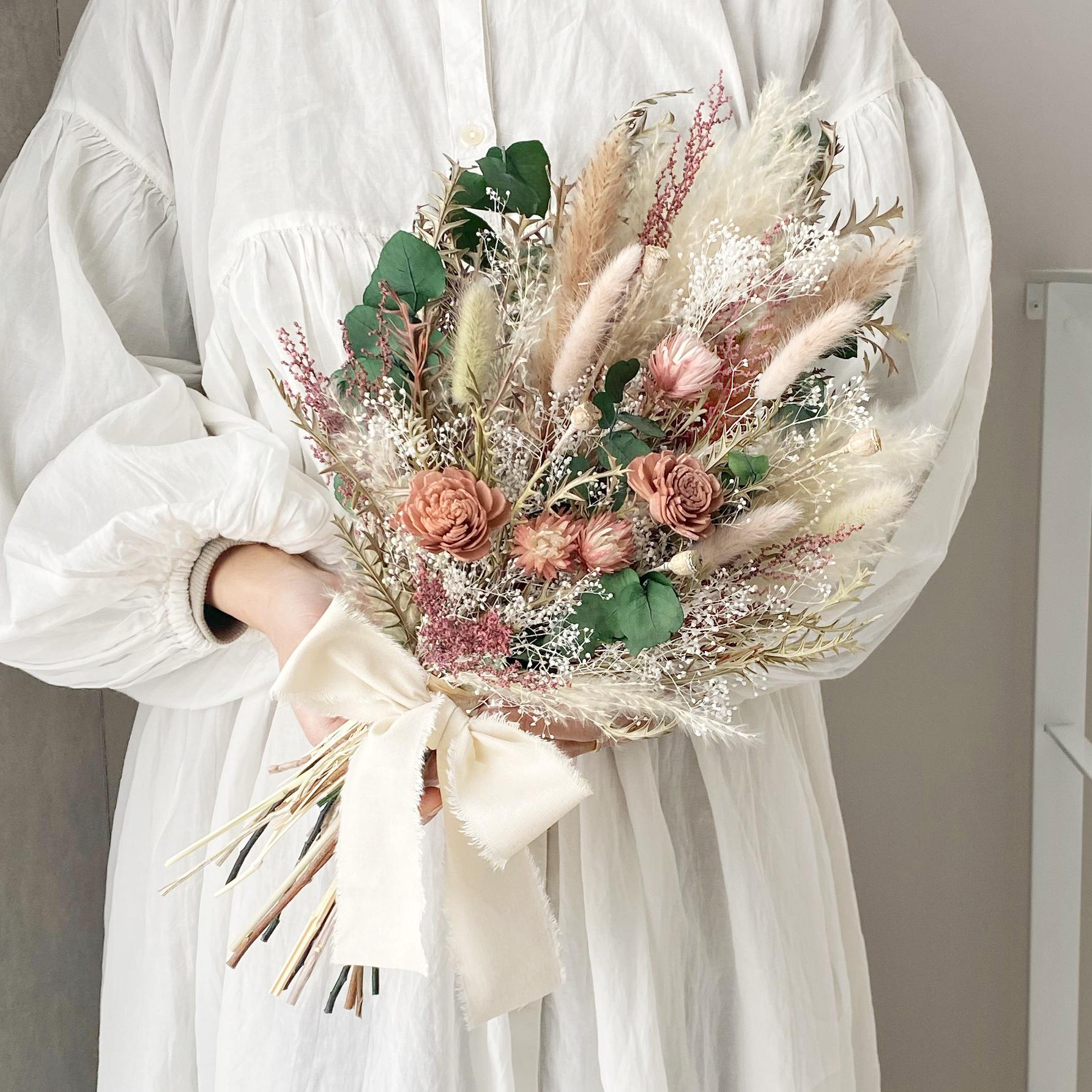 ドライフラワーブライダルブーケ　パームフラワー　　さくらピンク　クラシカル