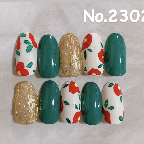 No.2302 ネイルチップ 和柄 椿 赤 緑 ゴールド 成人式 成人式ネイル