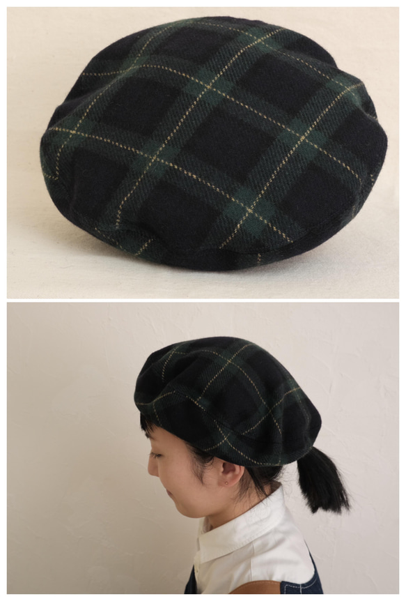 reversible wool check beret beige & green check 第5張的照片