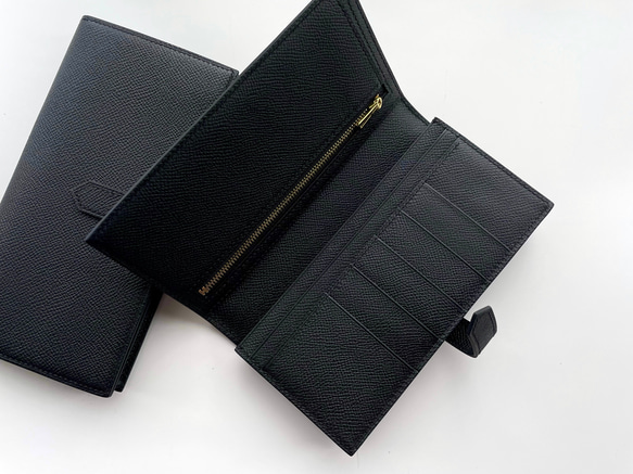 二つ折り長財布　ベルト付き財布　スマートウォレットレザー　ヴォーエプソン/黒 【総手縫い】 2枚目の画像