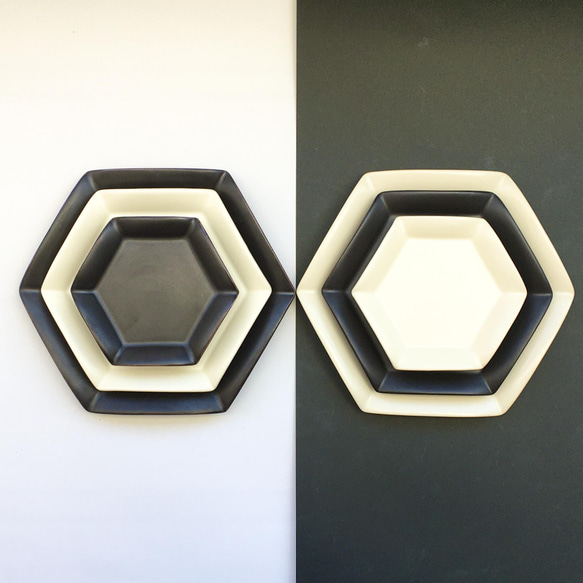 ma pottery 黒六角プレート4枚