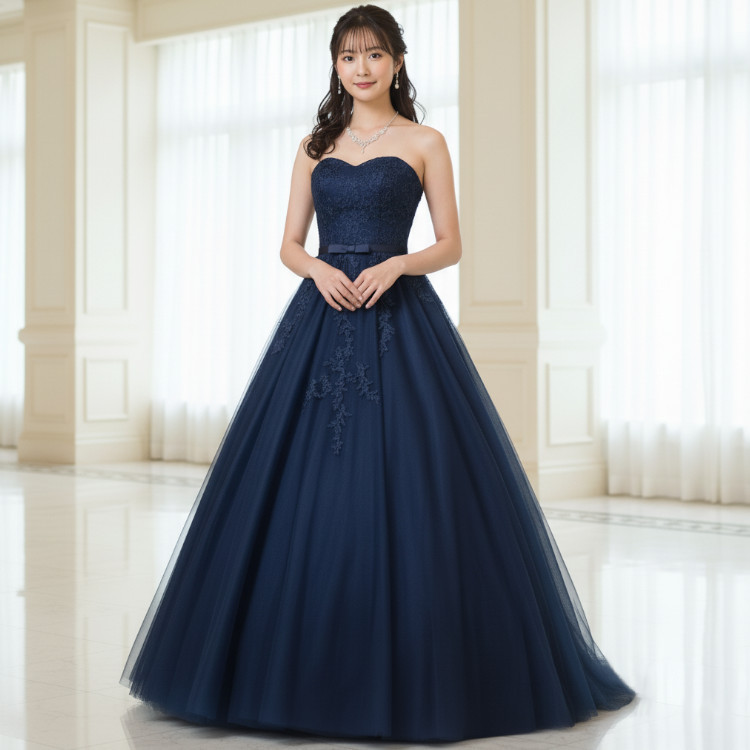 カラードレス 紺 ネイビー Aライン ウェディングドレス 結婚式 花嫁 二次会 演奏会ドレス 刺繍 チュール 6830