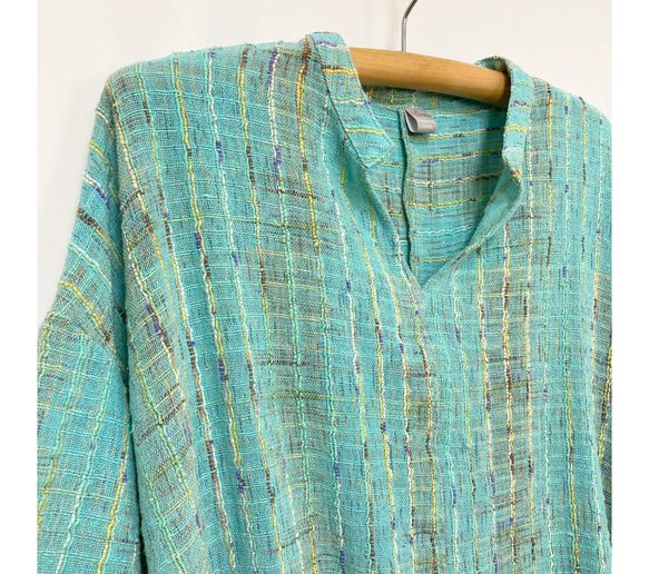 手織り綿ゆったりサイズのスキッパーチュニックブラウス、ブルーミックス 10枚目の画像