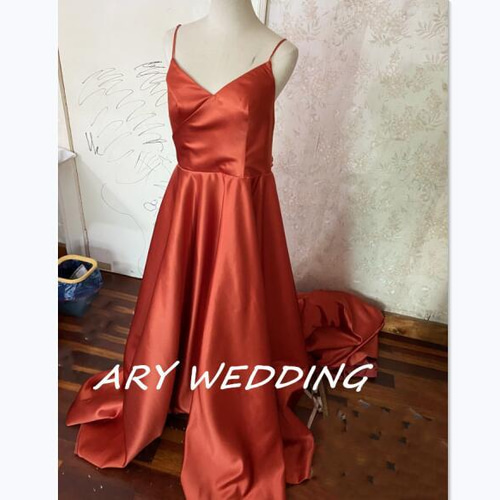 高品質！パーティードレス テラコッタ色 リボン 背中見せ 前撮り結婚式