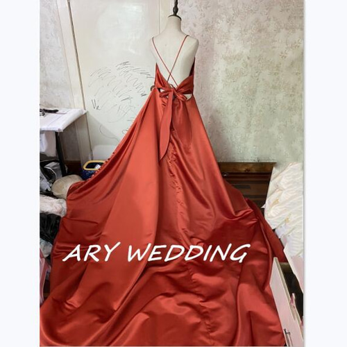 高品質！パーティードレス テラコッタ色 リボン 背中見せ 前撮り結婚式