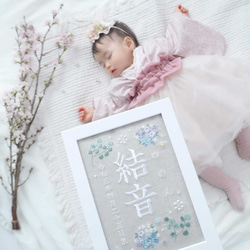 刺繍命名ボード《ボタニカル / 寒色》A5サイズ 命名書 名前旗 こどもの日 端午の節句 五月人形 10枚目の画像