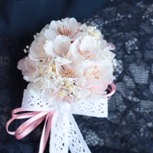 小花ブーケコサージュ」桜&かすみ草(Mサイズ)＊プリザーブドフラワー