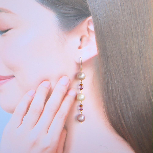 シェルパール 3連 貝パール ピアス ハンドメイド 天然石 ピアス 