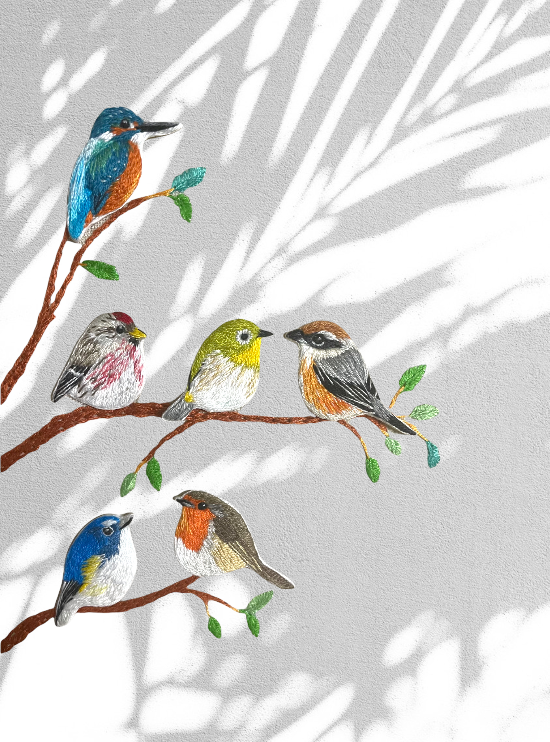〈森の可愛い野鳥シリーズ〉刺繍ブローチ カワセミ・ルリビタキ 
