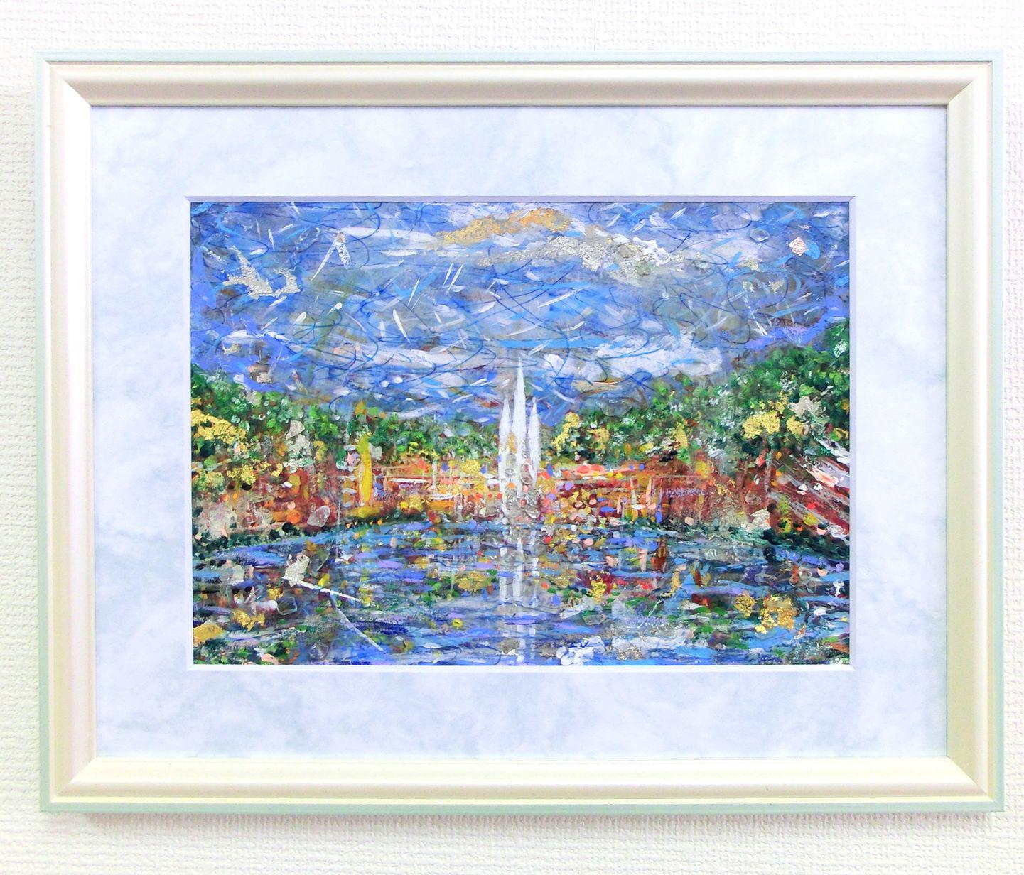 「ウォーターガーデン」天国の庭 ☆一点もの 天然石 純金箔 純銀箔 額サイズ32×41㎝  パワーアート 30,000円