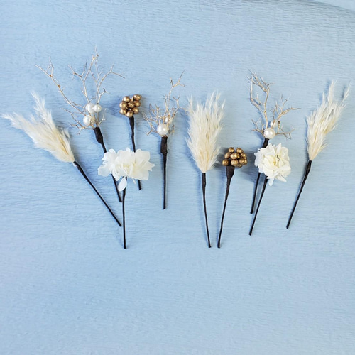 確認用13✩.*˚パンパスグラス髪飾り☆ウエディング☆成人式☆卒業式☆ パンパスグラス ゴールド 小枝 パール 髪飾り 金 白 卒業式 ヘア