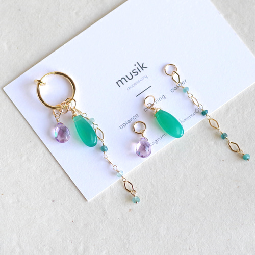 14kgfグリーンアメジストチェッカーカット・グランディディエライトピアス