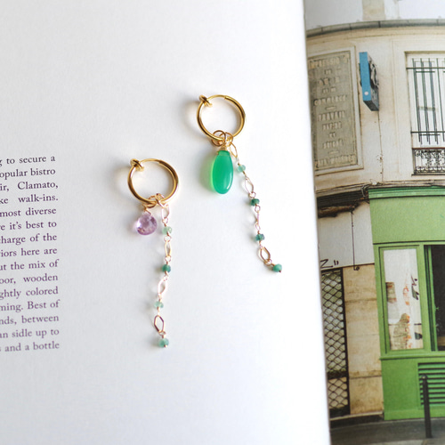 14kgfグリーンアメジストチェッカーカット・グランディディエライトピアス