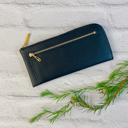 薄くて軽いL字長財布 14枚カードポケット 牛革シュリンク ネイビー（ゴールドファスナー） 1枚目の画像