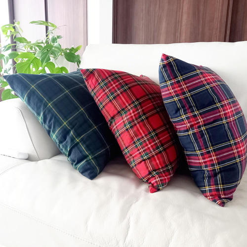 クッションカバー】45×45㎝ コットン×リネン*タータンチェック*播州織