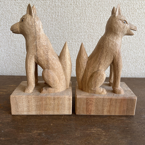 お稲荷さん 阿吽 木彫り彫刻 手彫り彫刻 狐 B品 訳あり品 その他置物