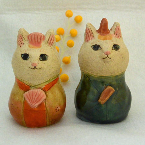 ネコのお雛様 ひな人形 白と茶の猫 二頭身・大きめサイズ 手作り