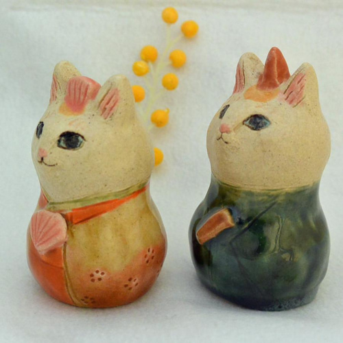 ネコのお雛様 ひな人形 白と茶の猫 二頭身・大きめサイズ 手作り