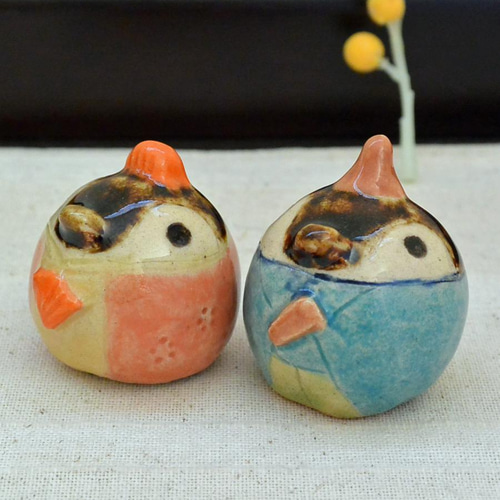 鳥のお雛様 ひな人形 ペンギン カラフルな小さめサイズ 手作り陶器