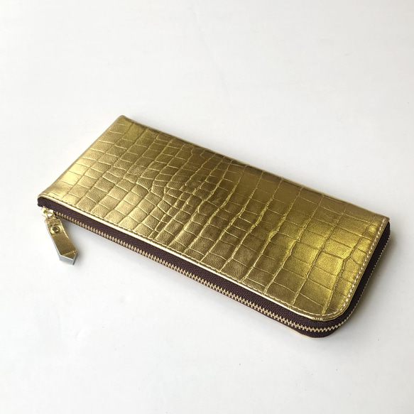 スリムな長財布　クロコダイル型押しゴールド・シルバー 7枚目の画像