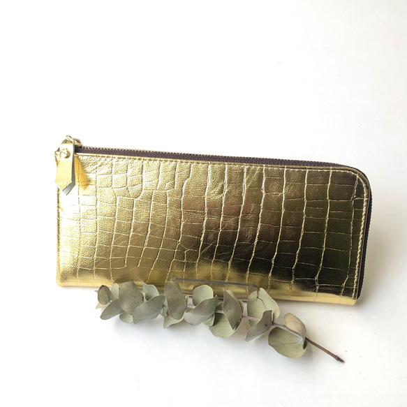 スリムな長財布　クロコダイル型押しゴールド・シルバー 6枚目の画像
