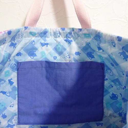 レッスンバッグ キルト生地 ブルー系ユニコーン柄 ドット ピンク