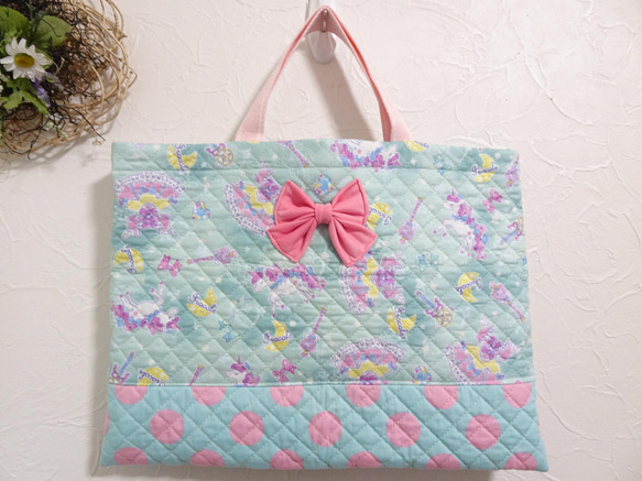 レッスンバッグ キルト生地 ブルー系ユニコーン柄 ドット ピンク系