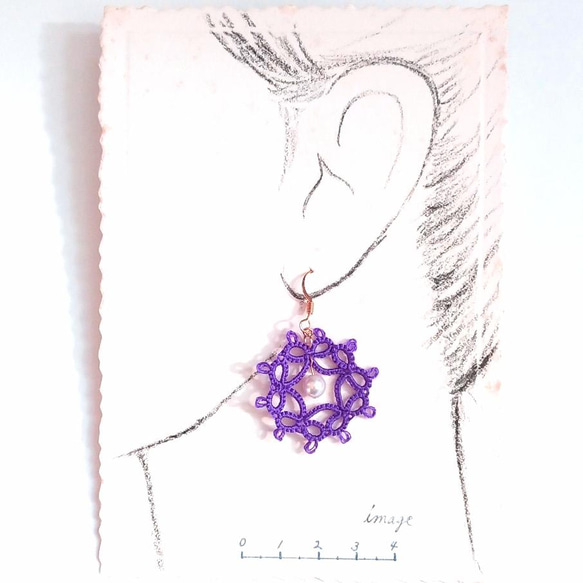 【新作】紫の刺繍糸とパールビーズ＊タティングレースのピアス・イヤリング 5枚目の画像