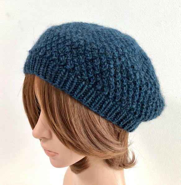 かのこ編みのベレー帽(ふんわりマッシュルーム型)　ティールブルー 2枚目の画像