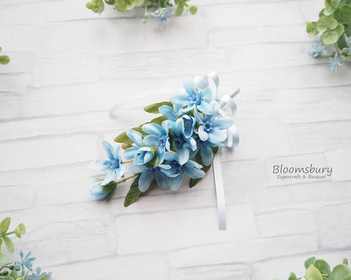 シックなブルーのコサージュ 東京ソワール コサージュ ブローチ 結婚式 パーティ 七五三 入学