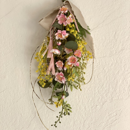 毎年飾れる！桃の花とミモザのひな祭りスワッグ スワッグ bouquet_vert