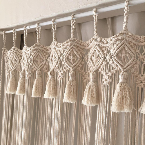 マクラメ　カフェカーテン　フェザータッセル２個付き 人気No.3♡》両サイドカーテンタッセル付きマクラメカーテン