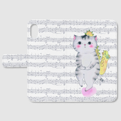 (iPhone用)サックス猫の手帳型スマホケース/古楽譜 1枚目の画像