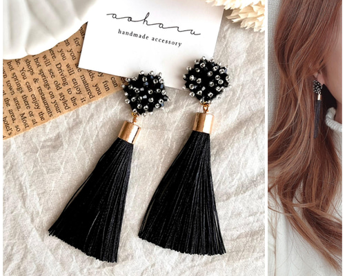 ブラックビーズ刺繍フラワー×ゴールドリング　ピアス　イヤリング 37b59a5d5e55ee3b24697bbad4cfc7