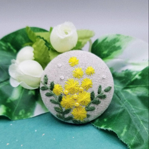 くるみボタン 刺繍 ヘアゴム ブローチ ミモザシリーズ 花束シリーズ