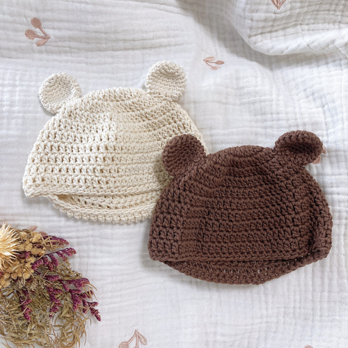 New Bornくま耳帽子 Brown 退院着やニューボーンフォト、赤ちゃんの